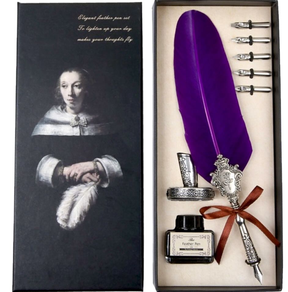 Kalligrafie-Set violett mit 5 Federspitzen in Geschenkbox