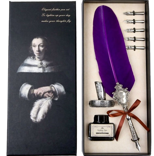 Kalligrafie-Set violett mit 5 Federspitzen in Geschenkbox