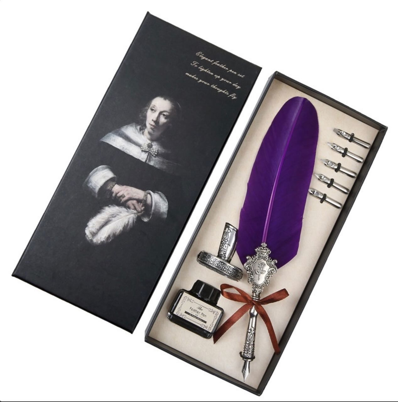 Kalligrafie-Set violett mit 5 Federspitzen in Geschenkbox