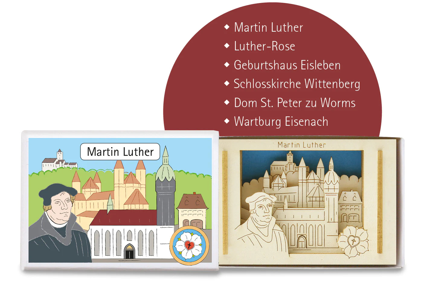 Martin Luther mit Luther Rose in Streichholzschachtel 3D Mini