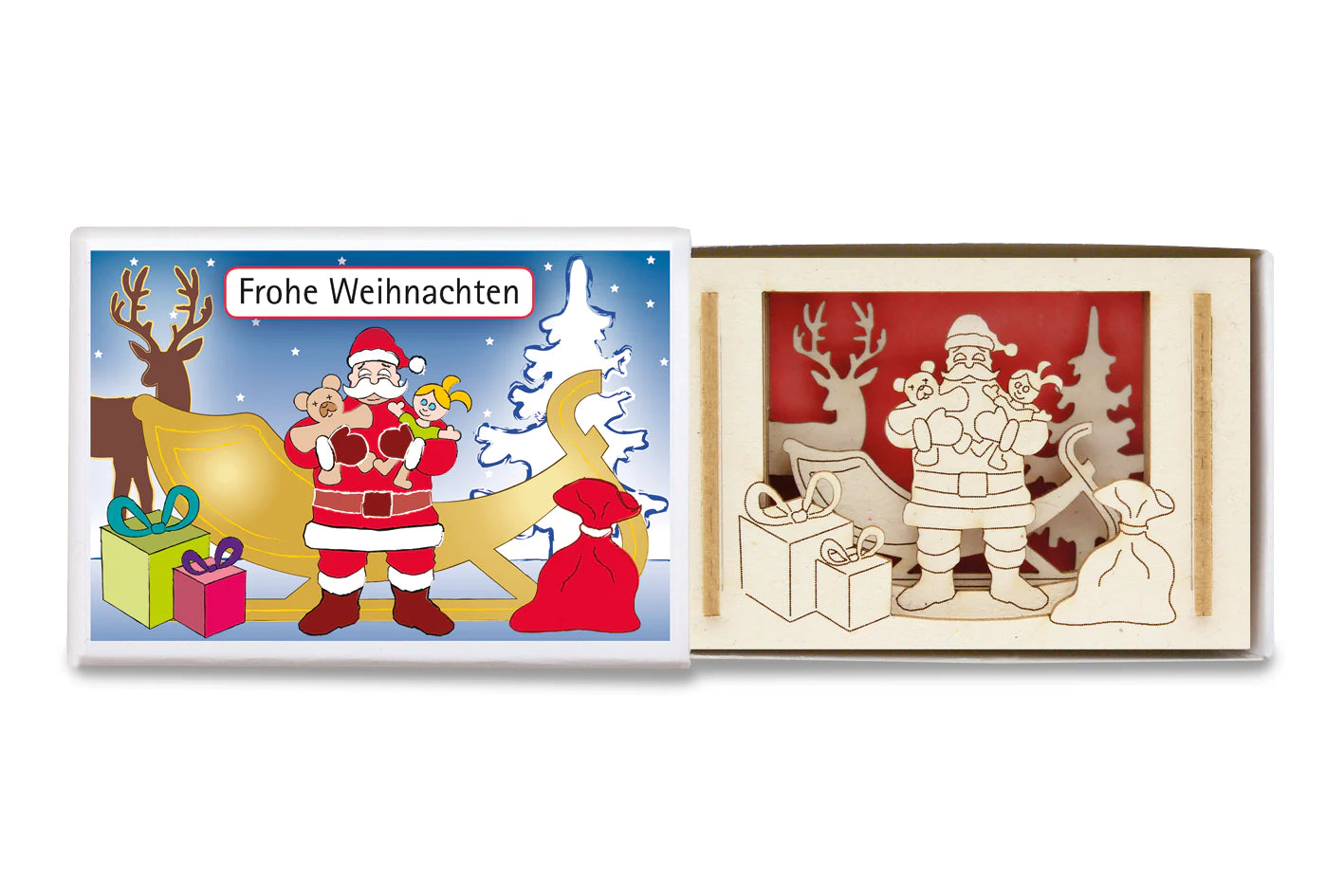Der Weihnachtsmann im Hosentaschenformat – kleine 3D-Weihnachtsszene als Mini-Silhouette in einer Streichholzschachtel.