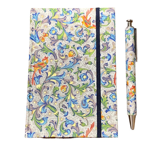 Elegantes Notizbuch mit Kuli in florentinischem Papier gebunden Blumenmotiv blau