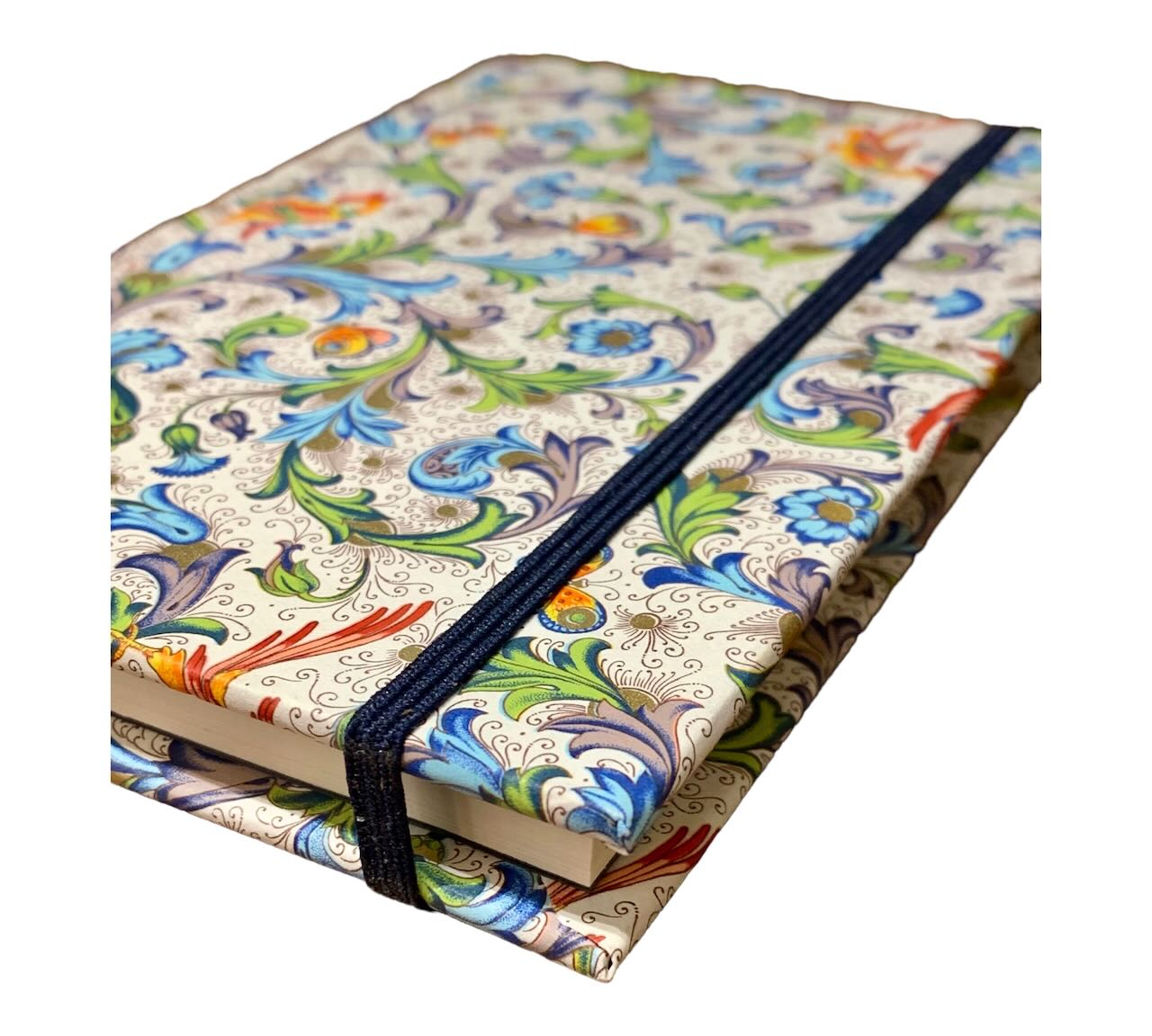 Elegantes Notizbuch mit Kuli in florentinischem Papier gebunden Blumenmotiv blau