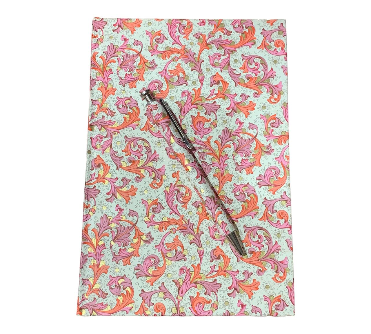Din A5 Notizbuch mit Kuli in edlem Florenzpapier gebunden florales Muster rosa pink