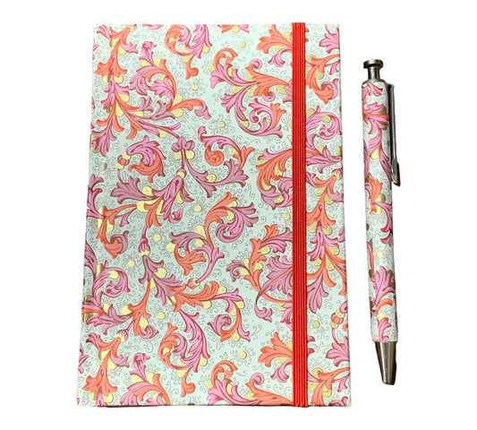 Notizbuch mit Kuli in edlem Florenzpapier gebunden florales Muster rosa pink