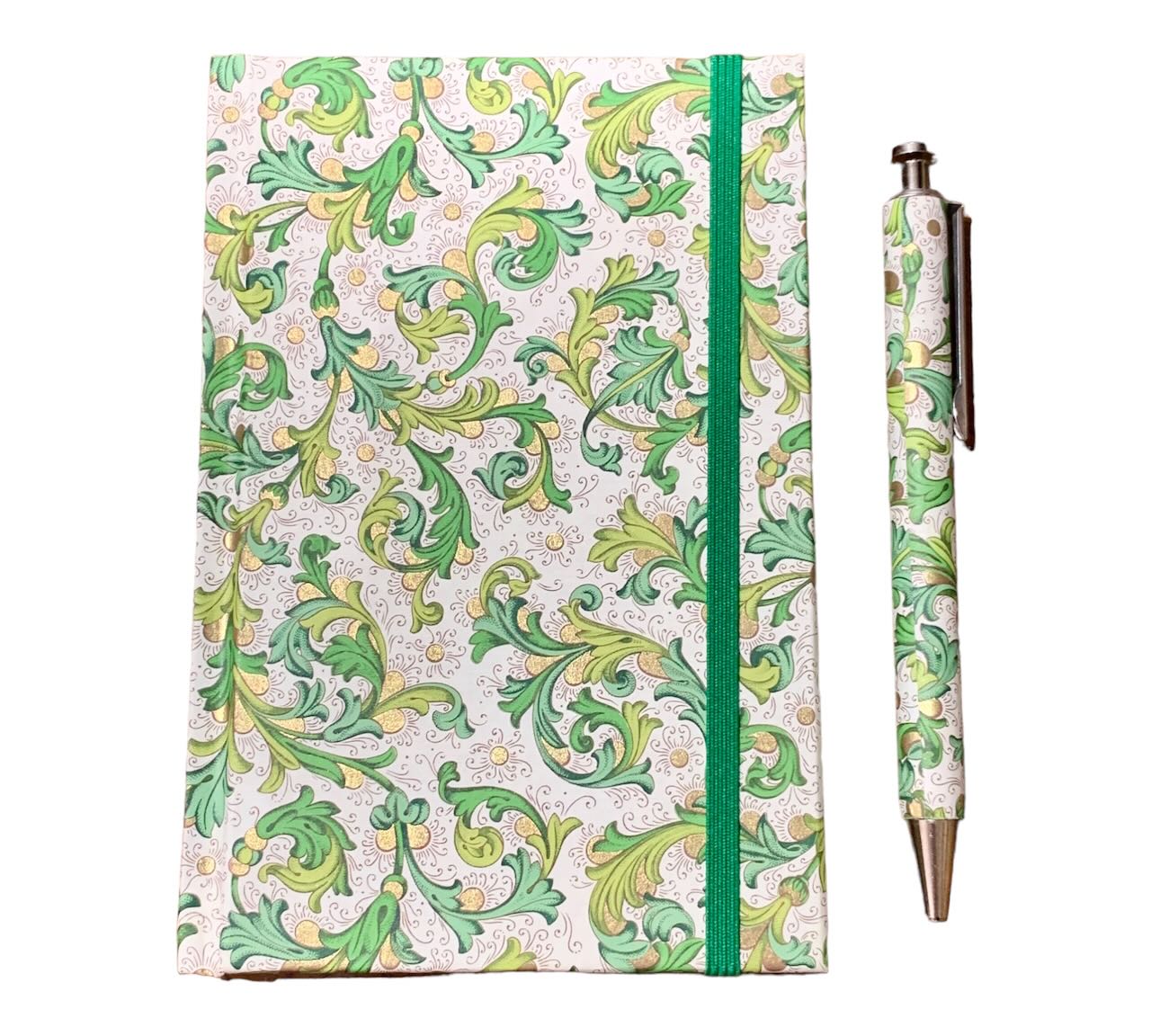 Notizbuch mit Kuli in edlem Florenzpapier gebunden grün floral