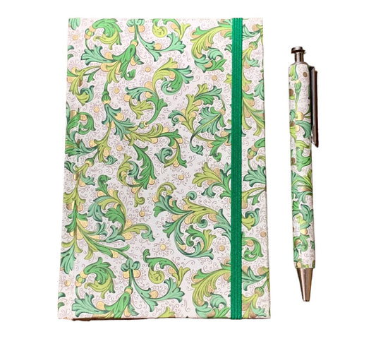 Notizbuch mit Kuli  in edlem Florenzpapier gebunden grün floral