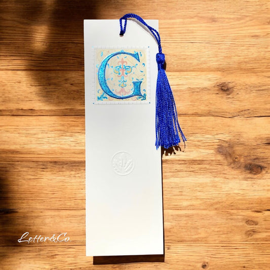 Lesezeichen Bookmark Monogramm G und Quaste in blau