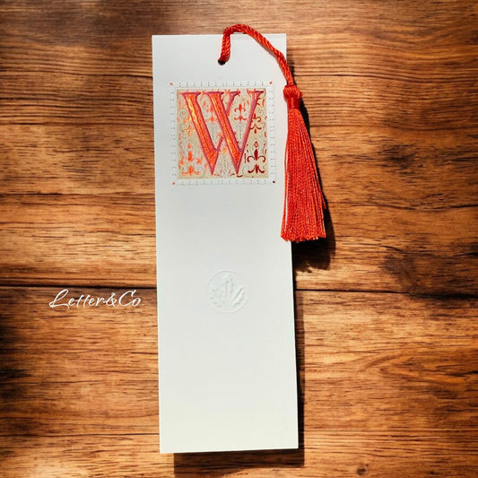 Lesezeichen Bookmark Monogramm W und Quaste in rot